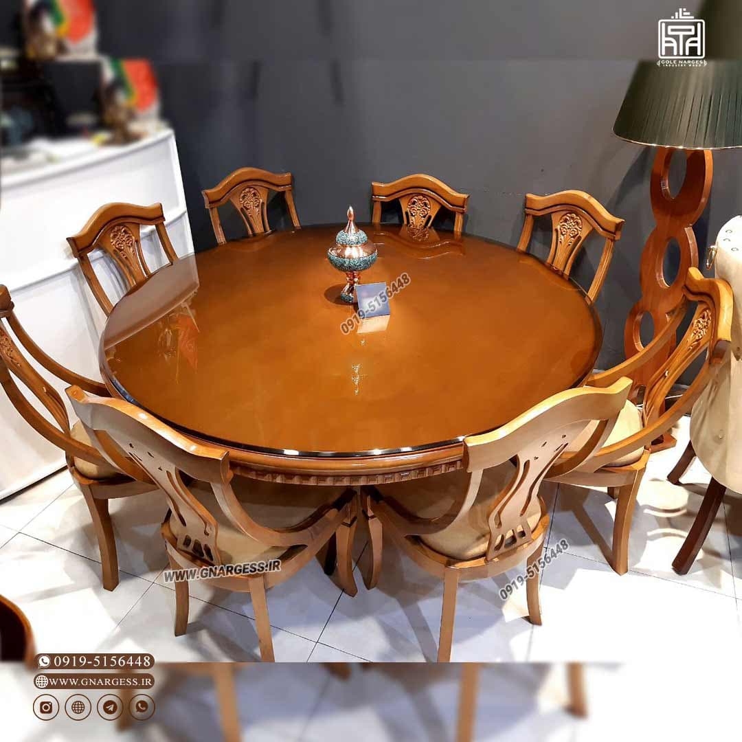 میز ناهارخوری گرد عروس 8 نفره با صندلی گیتاری عصایی — تصویر ۳