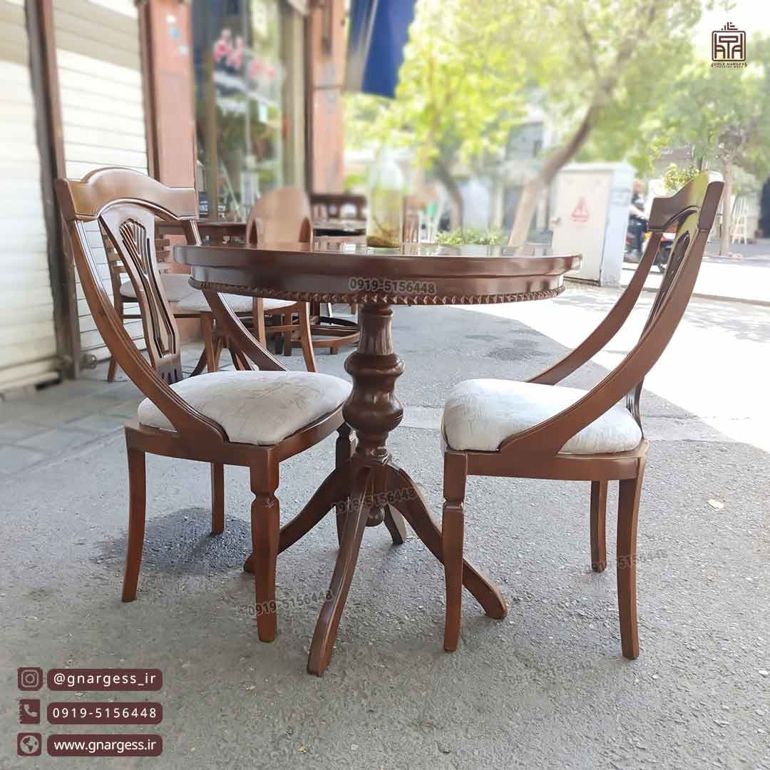 میز ناهارخوری چوبی 2 نفره صندلی پشت منبتی گیتاری راش