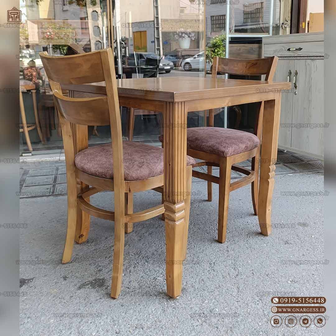 میز ناهارخوری 2 نفره چوبی کیان با صندلی دو تیره پهن چوب