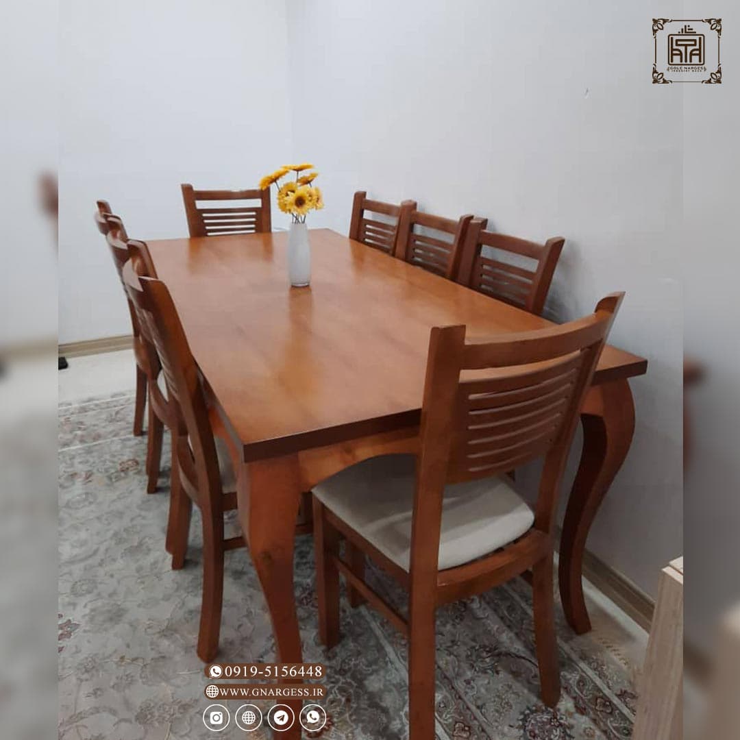 میز ناهار خوری ۸ نفره ماهور چوبی با صندلی آبشاری