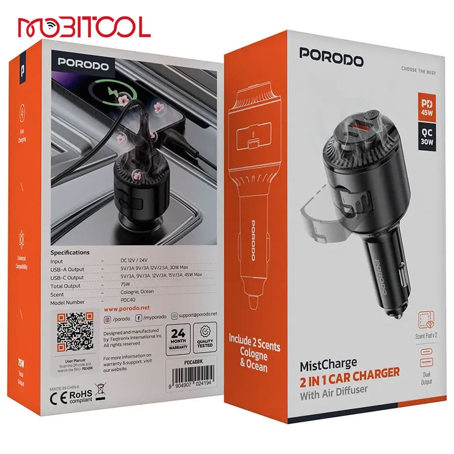 شارژر فندکی فست شارژ و خوشبو کننده هوا پرودو Porodo MistCharge 2 IN 1 Car Charger PDC40 — تصویر ۶