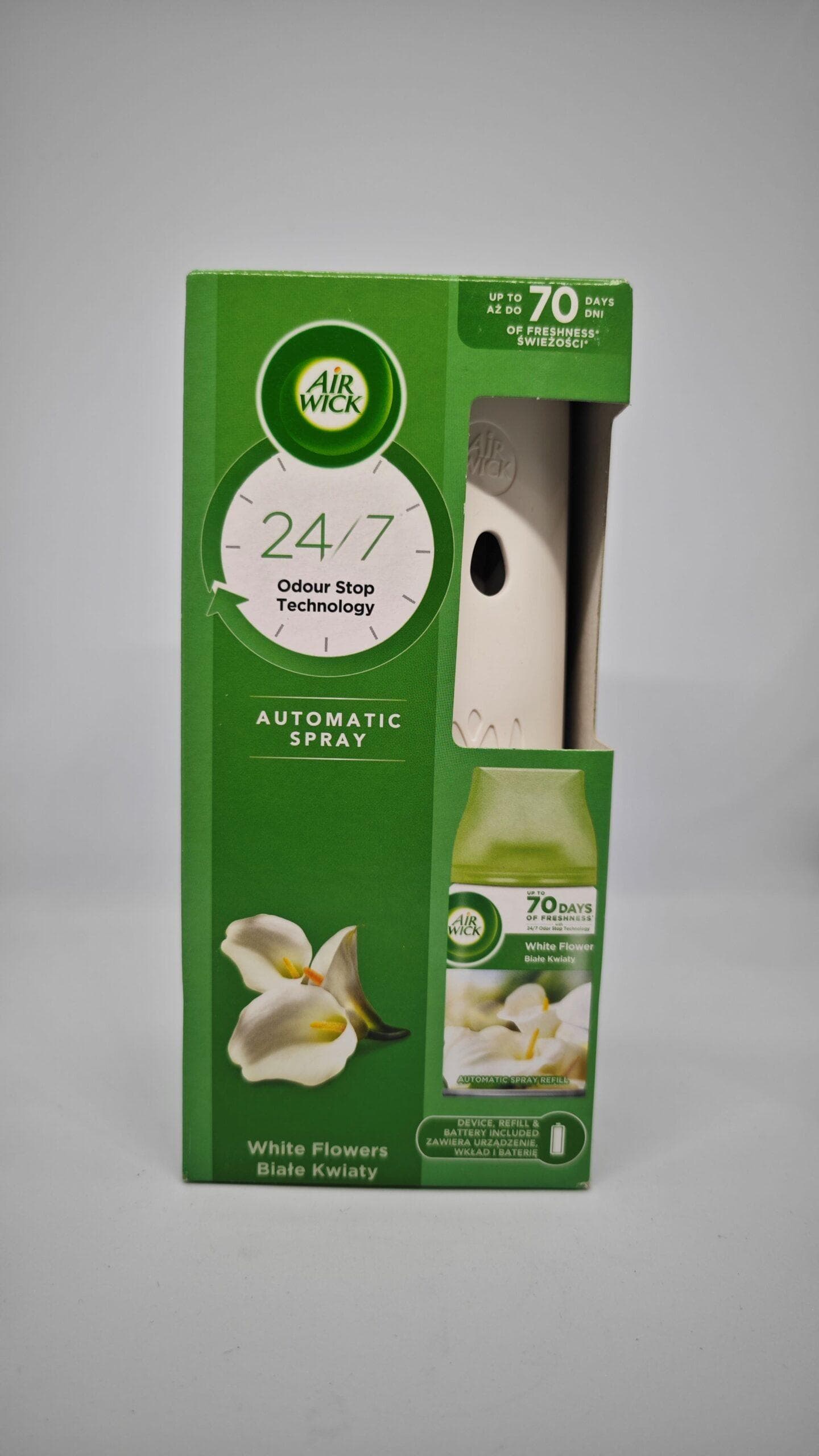 دستگاه خوشبو کننده هوا ایرویک AIRWICK مدل تایمر دار به همراه اسپری گل های سفید حجم 250میلی