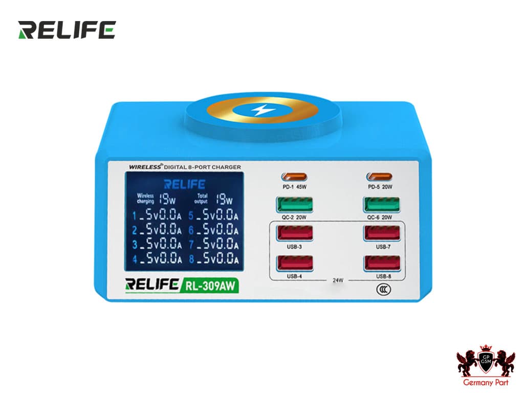 شارژر هاب و تستر 8 پورت وایرلس شارژ هوشمند ریلایف WIRELESS USB CHARGER RL-309AW 8PORTS RELIFE — تصویر ۶