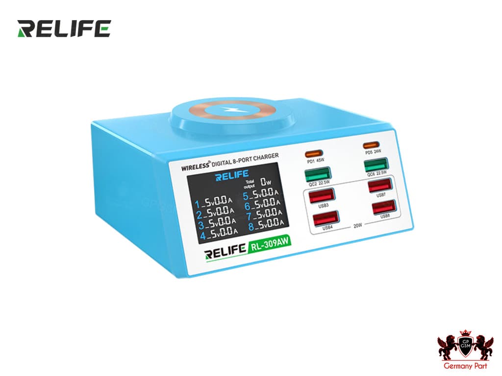 شارژر هاب و تستر 8 پورت وایرلس شارژ هوشمند ریلایف WIRELESS USB CHARGER RL-309AW 8PORTS RELIFE