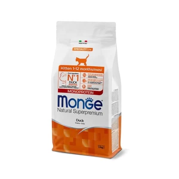 غذای خشک بچه گربه طعم اردک مونژه – Monge Superpremium Monoprotein Kitten Duck – وزن 1.5کیلوگرم