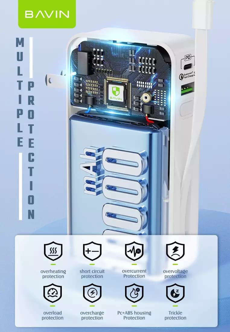 پاوربانک 10000 باوین Bavin PC018S توان 30 وات همراه با کابل و دو شاخه متصل — تصویر ۹