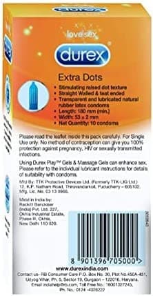 کاندوم Durex Extra Dots Stimulation بسته ۱۰ عددی | با بافت دکمهدار برای تجربهای هیجانانگیز و لذت مضاعف — تصویر ۴
