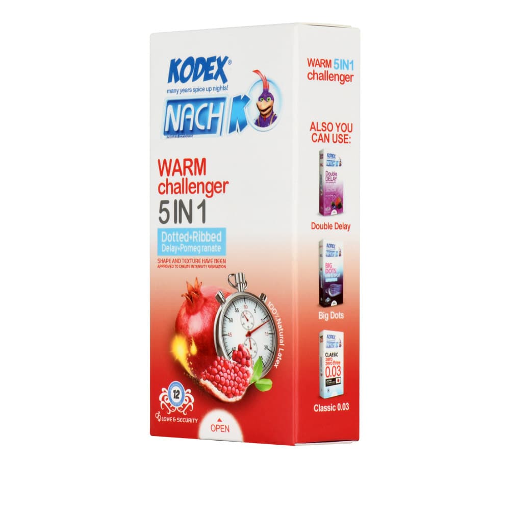 کاندوم ۵ کاره گرم اناری کدکس| Kodex Warm Challenger 5 in 1 تجربه‌ای پنج‌گانه از گرما، تاخیر، تحریک، رایحه انار و لذت بی‌پایا — تصویر ۳