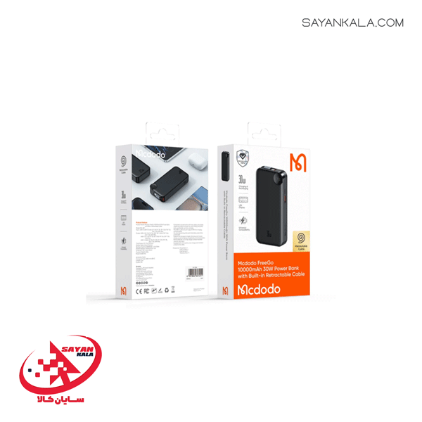 پاور بانک مک دودو مدل POWER BANK MCDODO MC 3870 PD/QC DIGITAL DISPLY RETRACTABLE TYPE C CABLE 10000mAH 30W BLACK