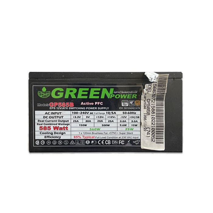 پاور استوک نیمه ماژولار ۵۸۵ وات گرین مدل GREEN Power Supply 585W GP585B Semi Modular + Full Cables