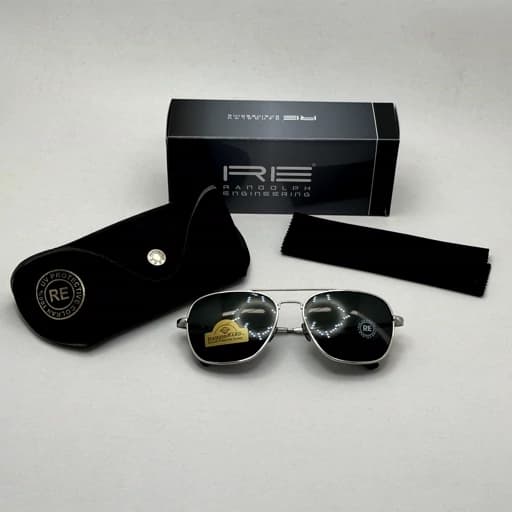 عینک آفتابی خلبانی رندولف شیشه سنگ آنتی رفلکس مشکی فریم نقره ای فول پک RANDOLPH AVIATOR RE 58 WHITE GOLD