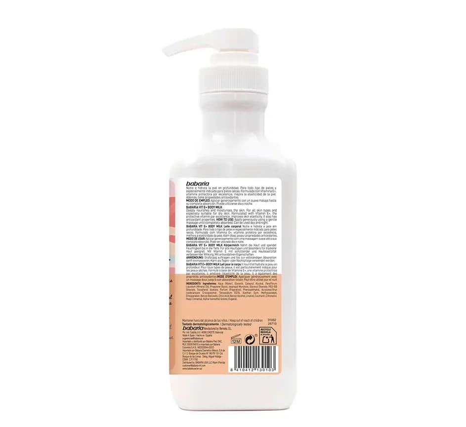 لوسیون بدن ویتامین E باباریا babaria مدل body milk برای پوست خشک حجم 500 میل — تصویر ۱۲