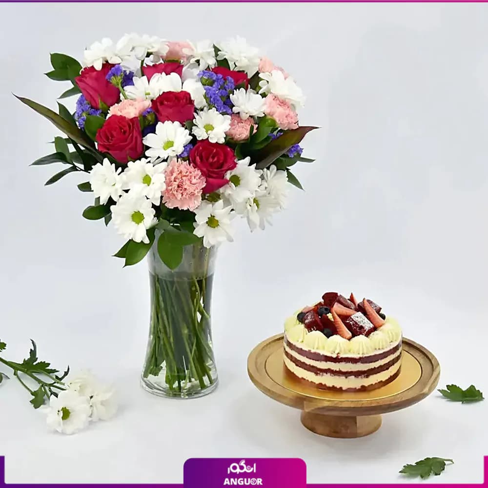دسته گل رز و داوودی به همراه کیک ردولوت — تصویر ۵