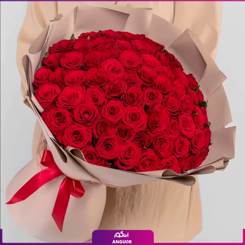 دسته گل رز قرمز ممتاز 62 شاخه (رز هلندی) لاکچری — تصویر ۵