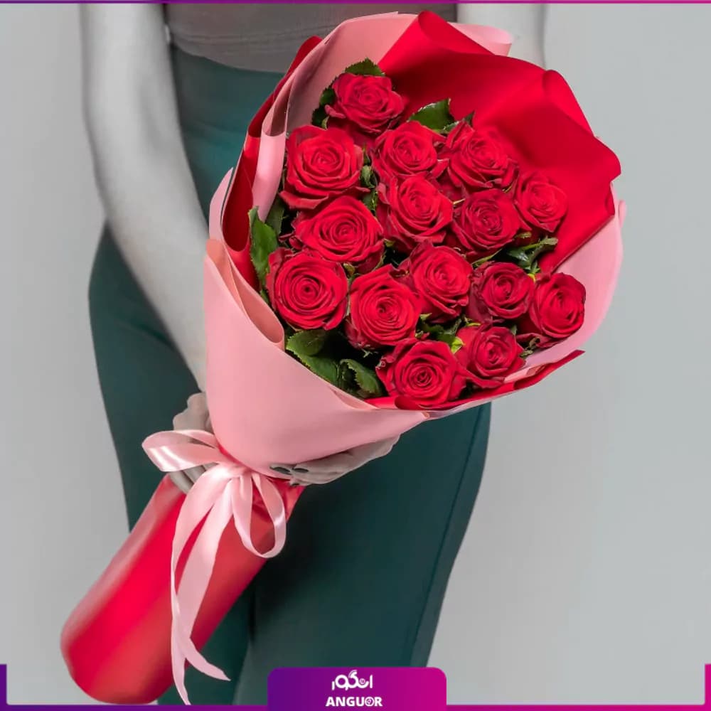 دسته گل رز قرمز (رز هلندی) 15 شاخه — تصویر ۲