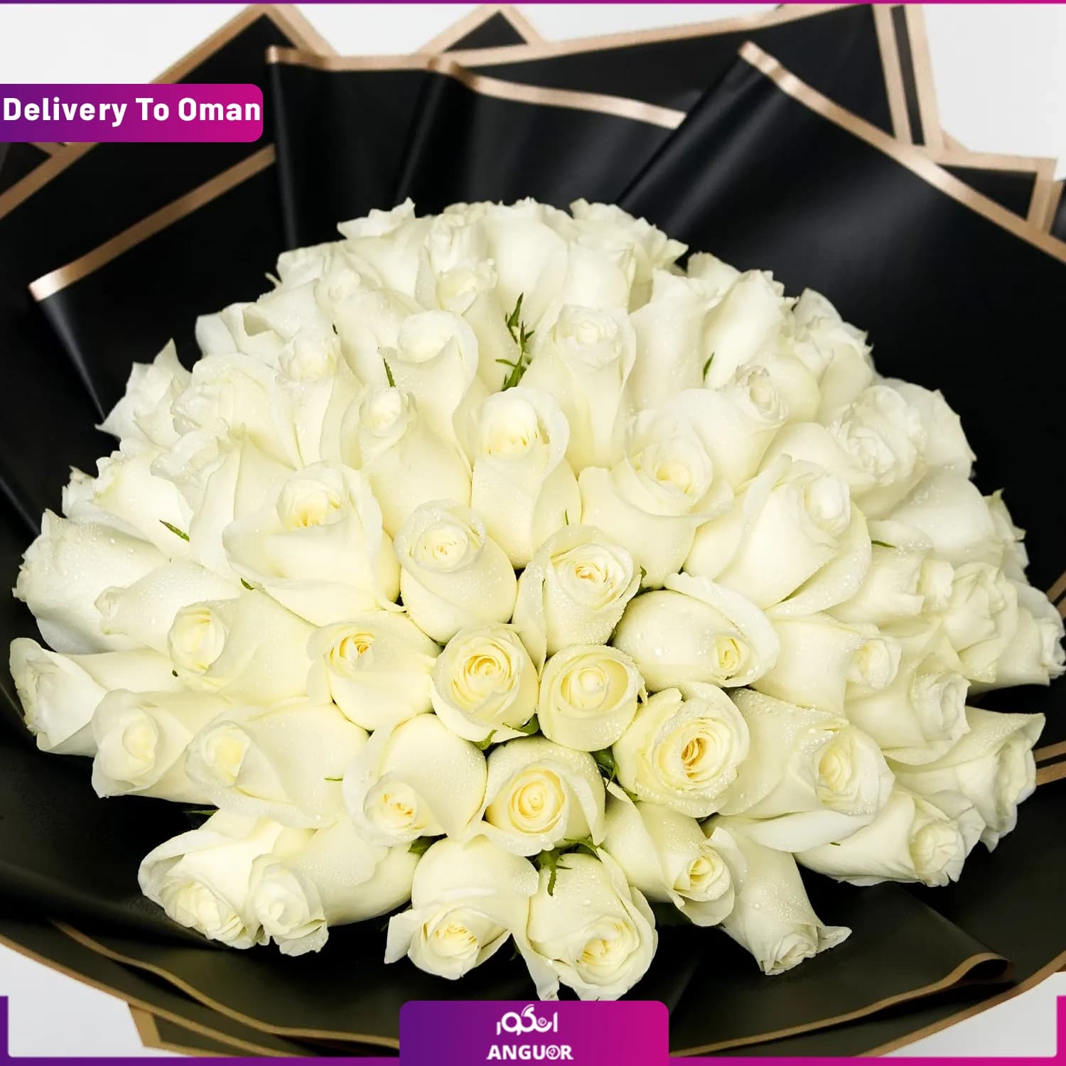 دسته گل رز سفید 50 شاخه (تحویل در عمان) — تصویر ۵