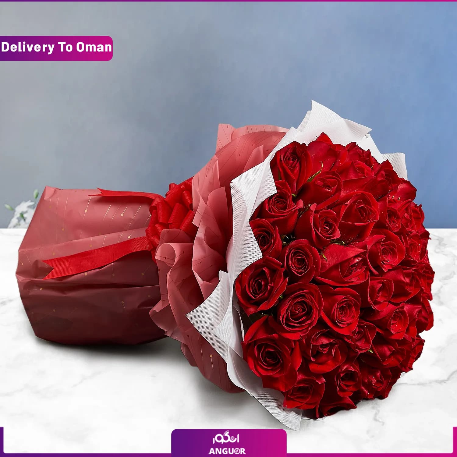 دسته گل 50 شاخه رز قرمز (تحویل در عمان) — تصویر ۴