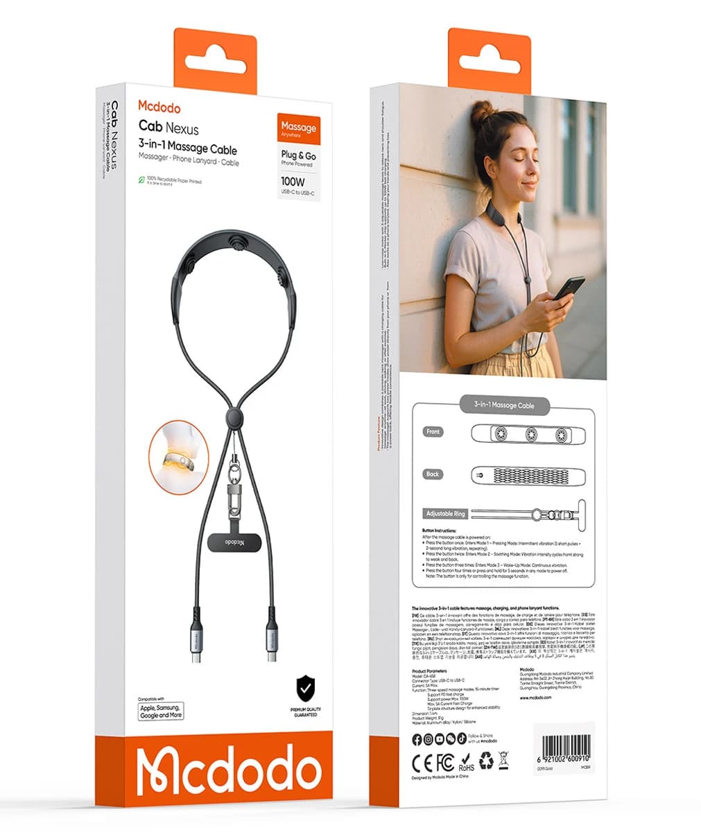 کابل شارژ و ماساژور گردنی 100وات دو سر Type-C مک دودو مدل Mcdodo CA-6580 طول 1.4متر — تصویر ۶