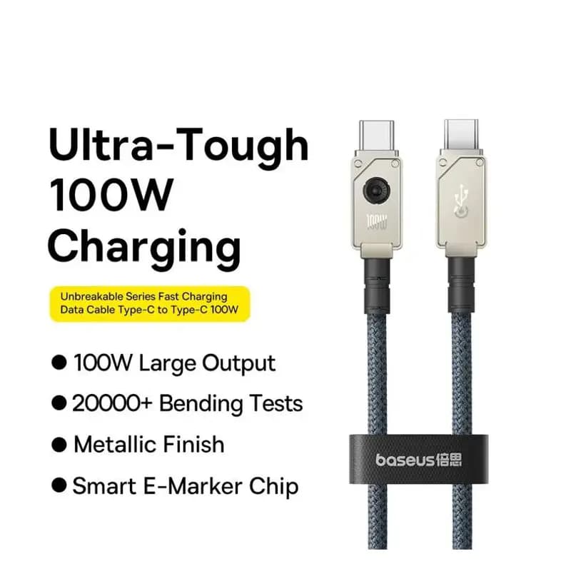 کابل تبدیل USB-C به USB-C بیسوس مدل Unbreakable Series 100W طول 2 متر — تصویر ۱۰