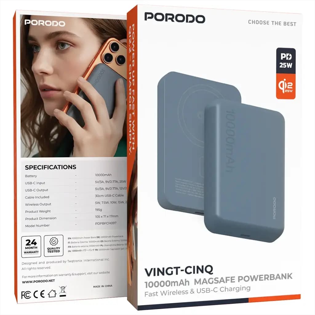 پاوربانک 10000mAh مگ سیف پرودو مدل Vingt Cinq PDPBFCH097GY — تصویر ۳