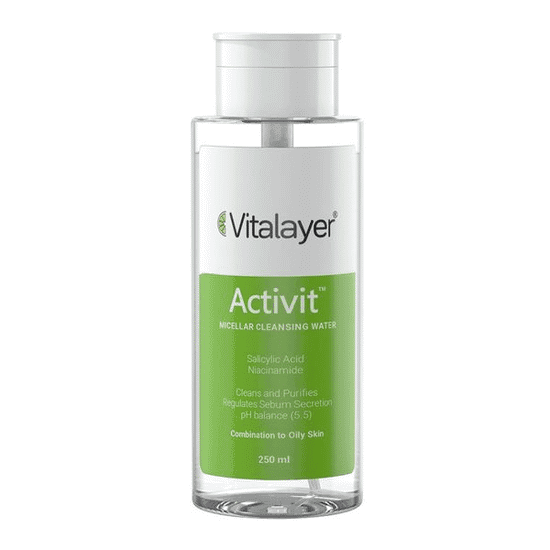 محلول پاک کننده آرایش چشم و صورت میسلار واتر اکتی ویت پمپی ویتالیر 250 میل VITALAYER ACTIVIT MICELLAR CLEANSING WATER