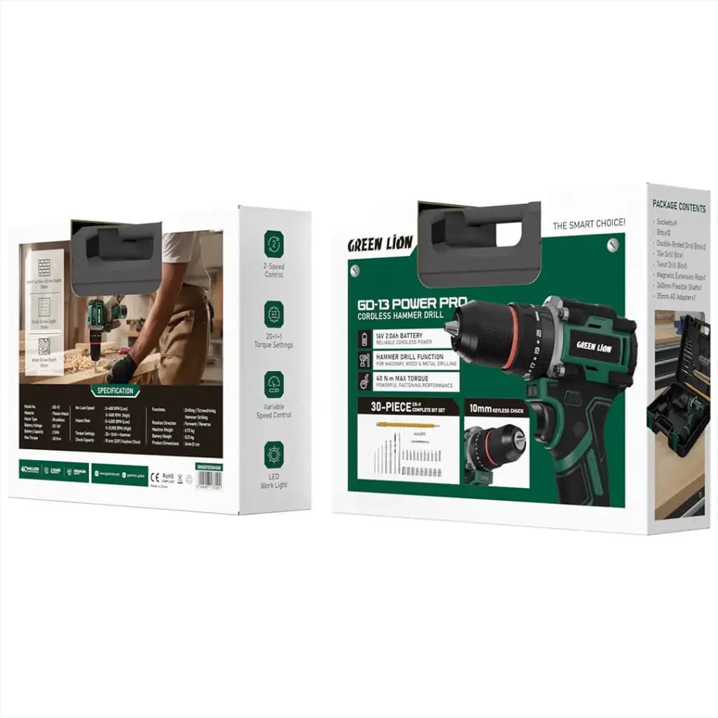 دریل شارژی گرین لاین GD-13 Power Pro Cordless Hammer Drill مدل GNGD13D16VGN — تصویر ۱۱