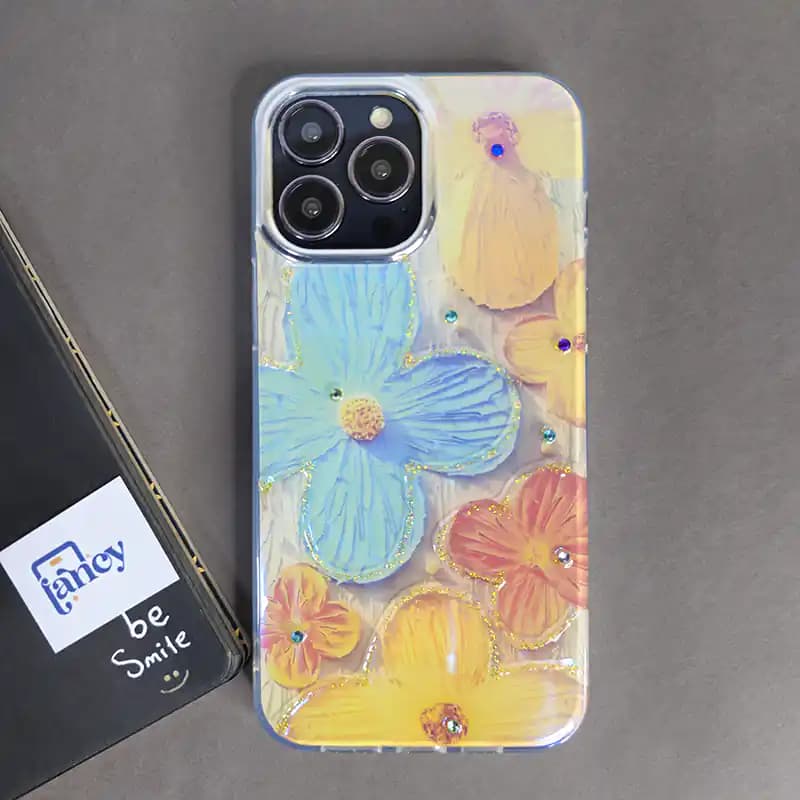 قاب گوشی گل زرد نگین دار لنز متال