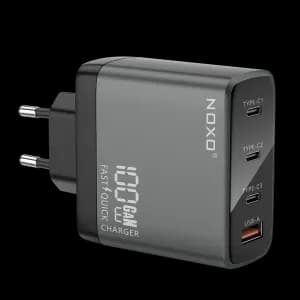 شارژر دیواری ۱۰۰ وات نوکسو مدل CHN-P-3 با ۴ پورت USB-C و USB-A، پشتیبانی از PD و QC3.0 (EU Pin) و فناوری GaN