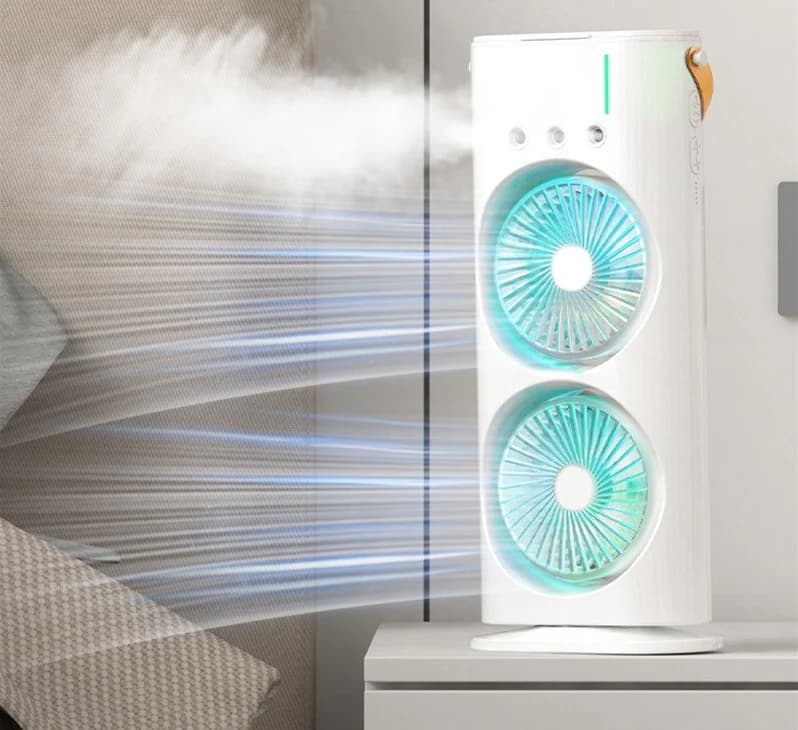 پنکه مه پاش دوقلو دارای دو فن با 3 سرعت پرتاب چرخشی ا Rechargeable fan with dual fans with 3 rotating throw speeds — تصویر ۴