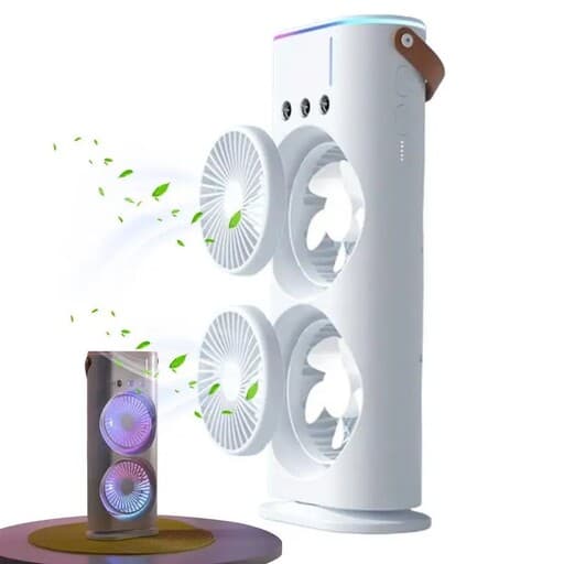 پنکه مه پاش دوقلو دارای دو فن با 3 سرعت پرتاب چرخشی ا Rechargeable fan with dual fans with 3 rotating throw speeds