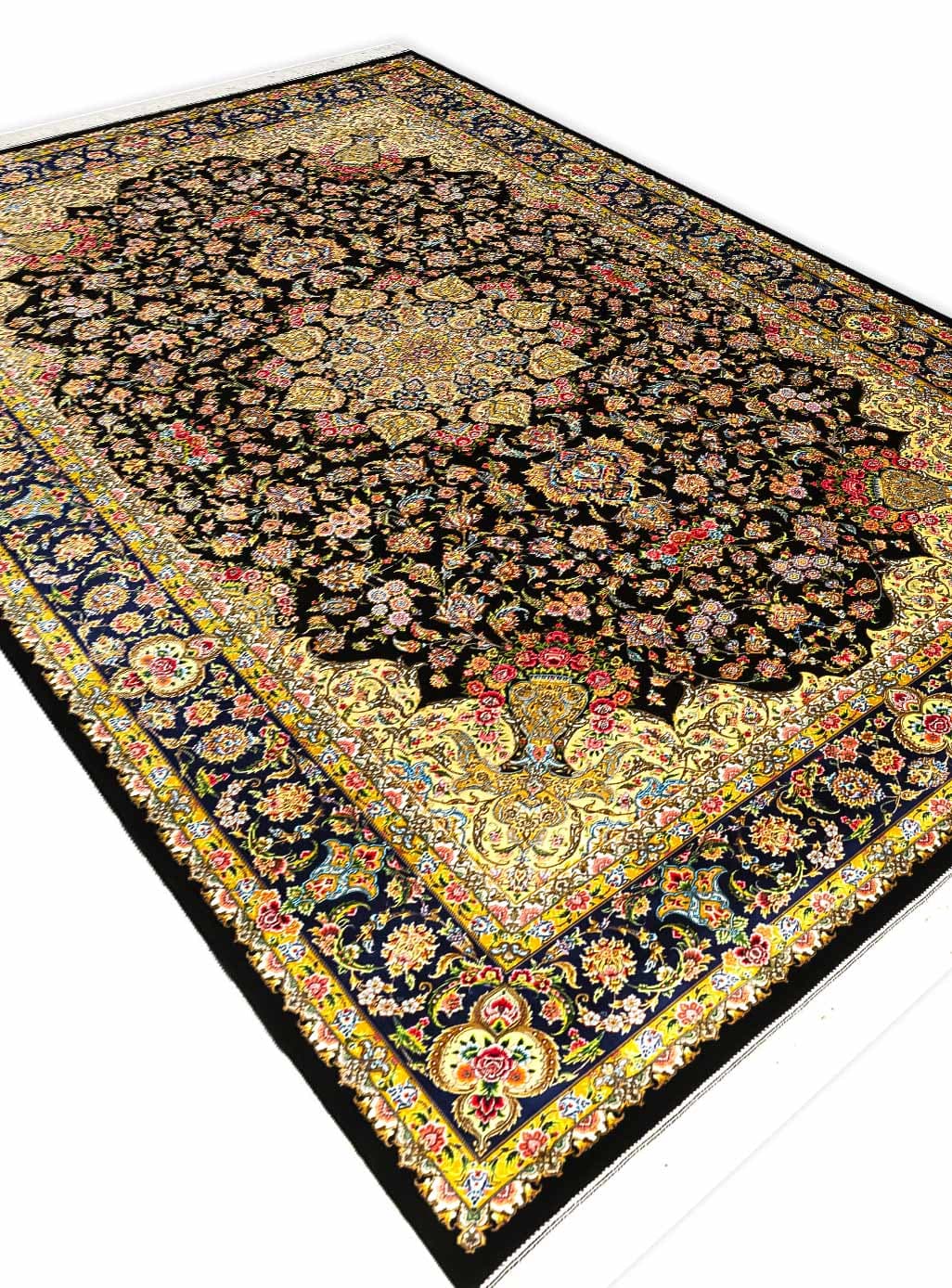 فرش ابریشم طرح ماهک رنگ سرمه ای 1700 شانه تراکم 5100 کد Q149
