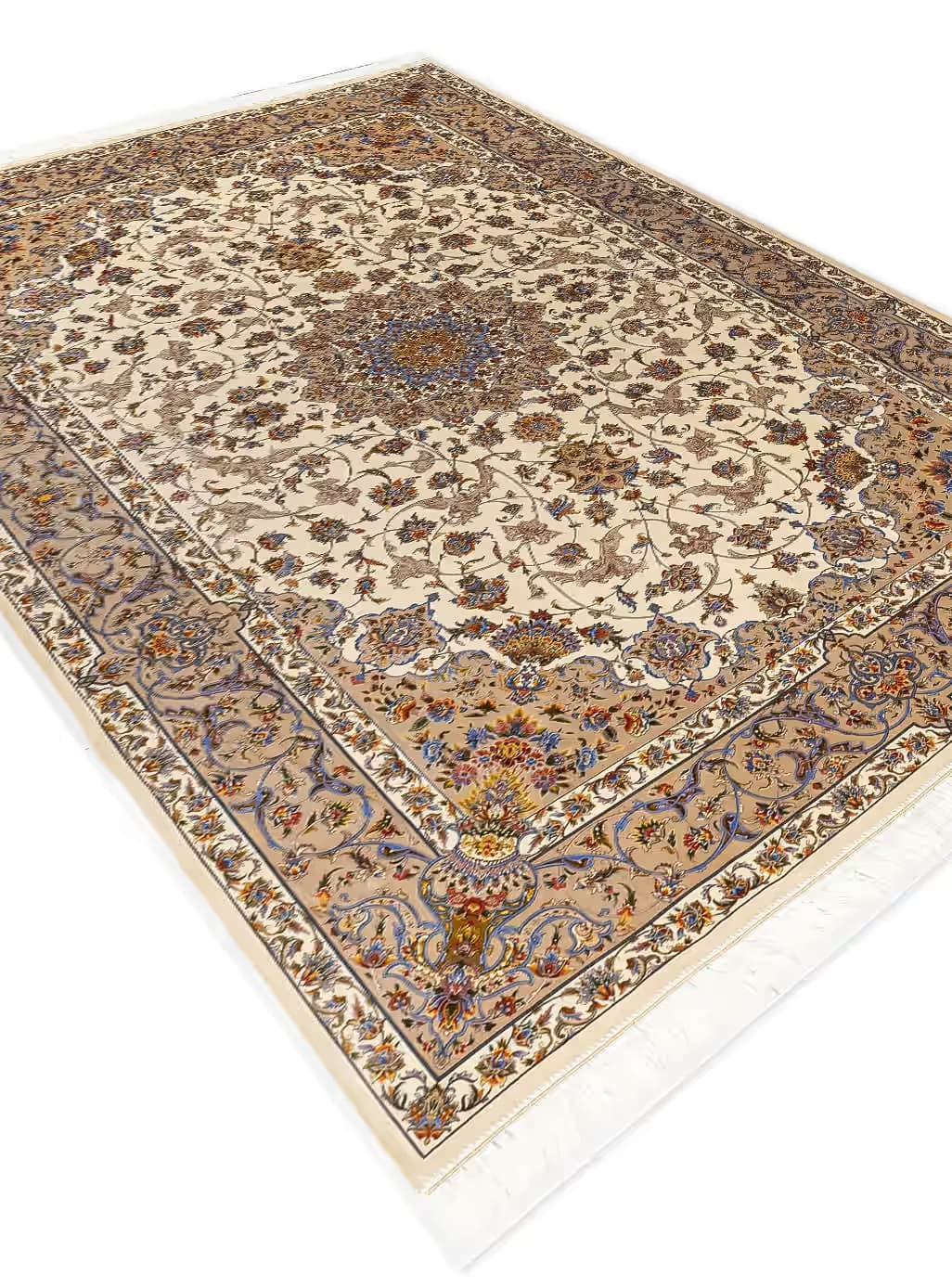 فرش ابریشم طرح پرنیان رنگ کرم 1700 شانه تراکم 5100 کد v115