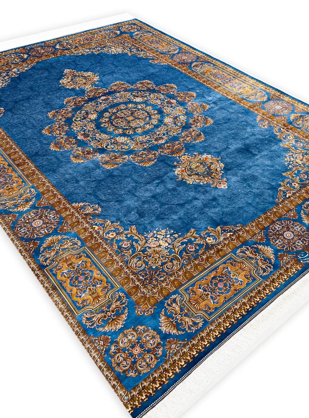 فرش ابریشم طرح درسا رنگ آبی 1700 شانه تراکم 5100 کد v126