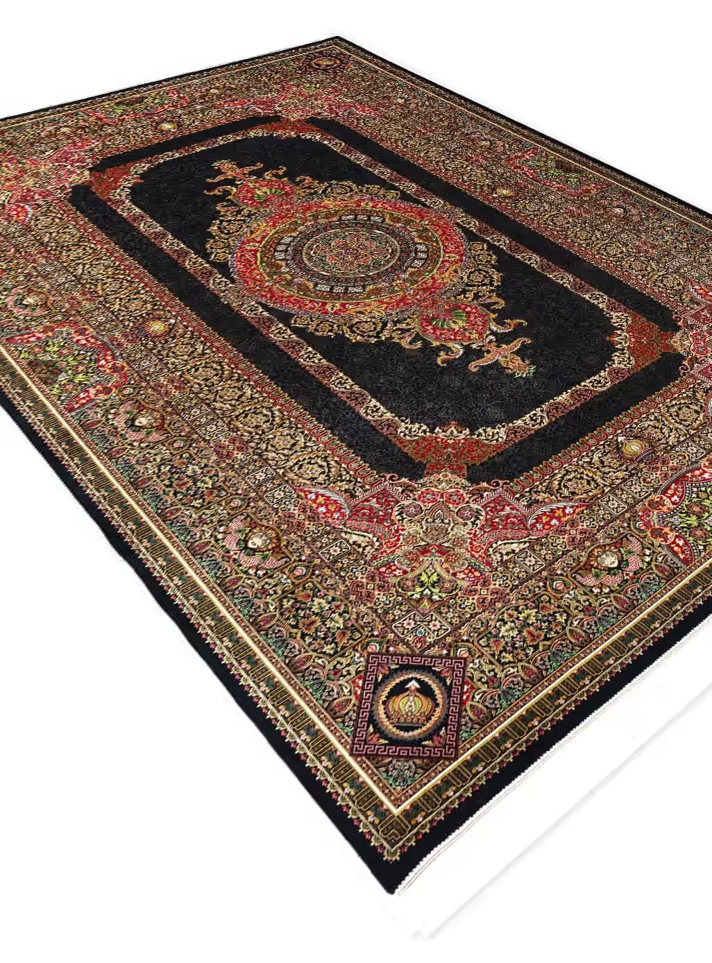 فرش ابریشم طرح تاج سرمه ای 1700 شانه تراکم 5100 کد Q119 — تصویر ۷