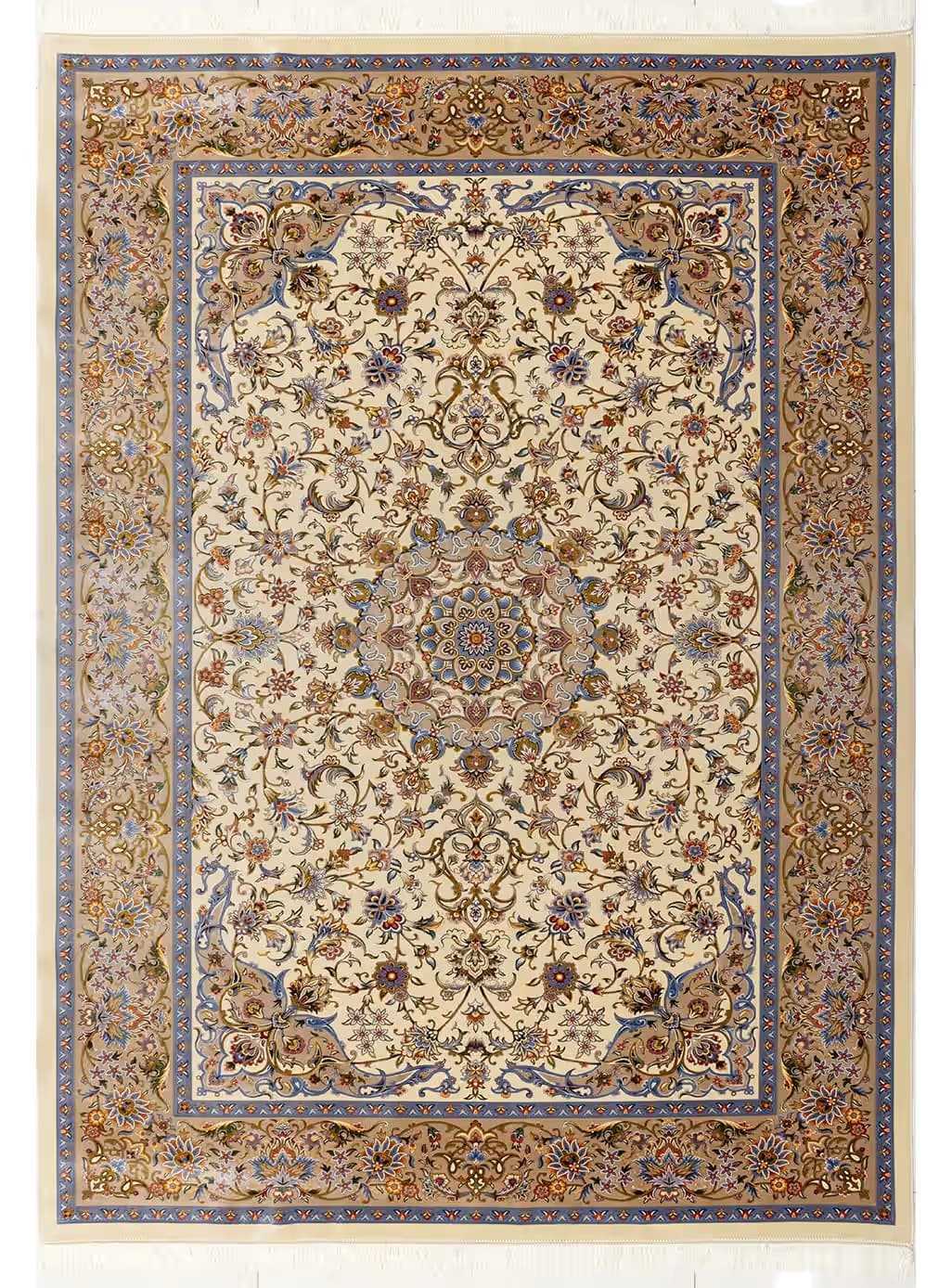 فرش ابریشم طرح ریحان کرم 1700 شانه تراکم 5100 کد v588 — تصویر ۳