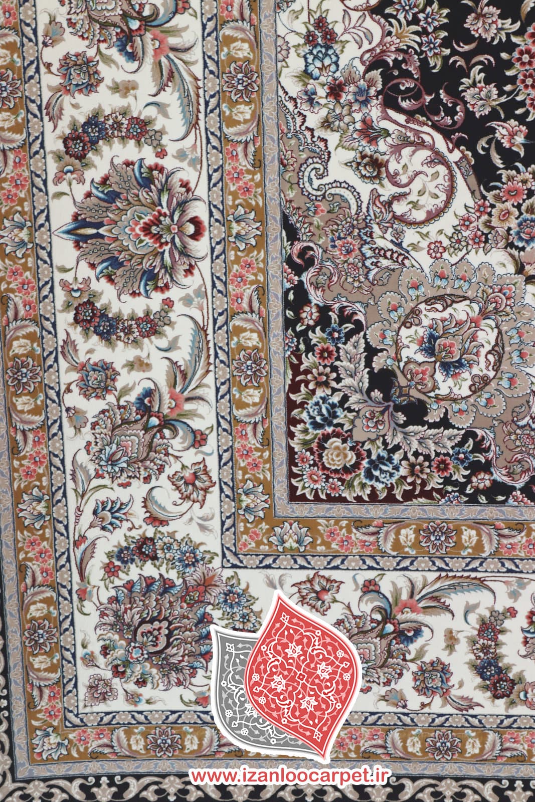 فرش زمرد مشهد طرح 46002 سرمه ای 1500 شانه تراکم 4500 تمام نخ اکریلیک — تصویر ۱۲