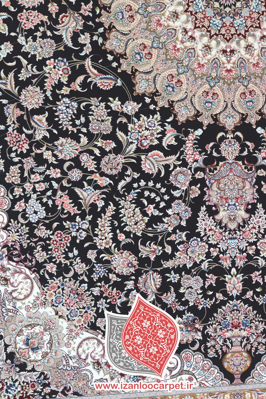 فرش زمرد مشهد طرح 46002 سرمه ای 1500 شانه تراکم 4500 تمام نخ اکریلیک — تصویر ۸