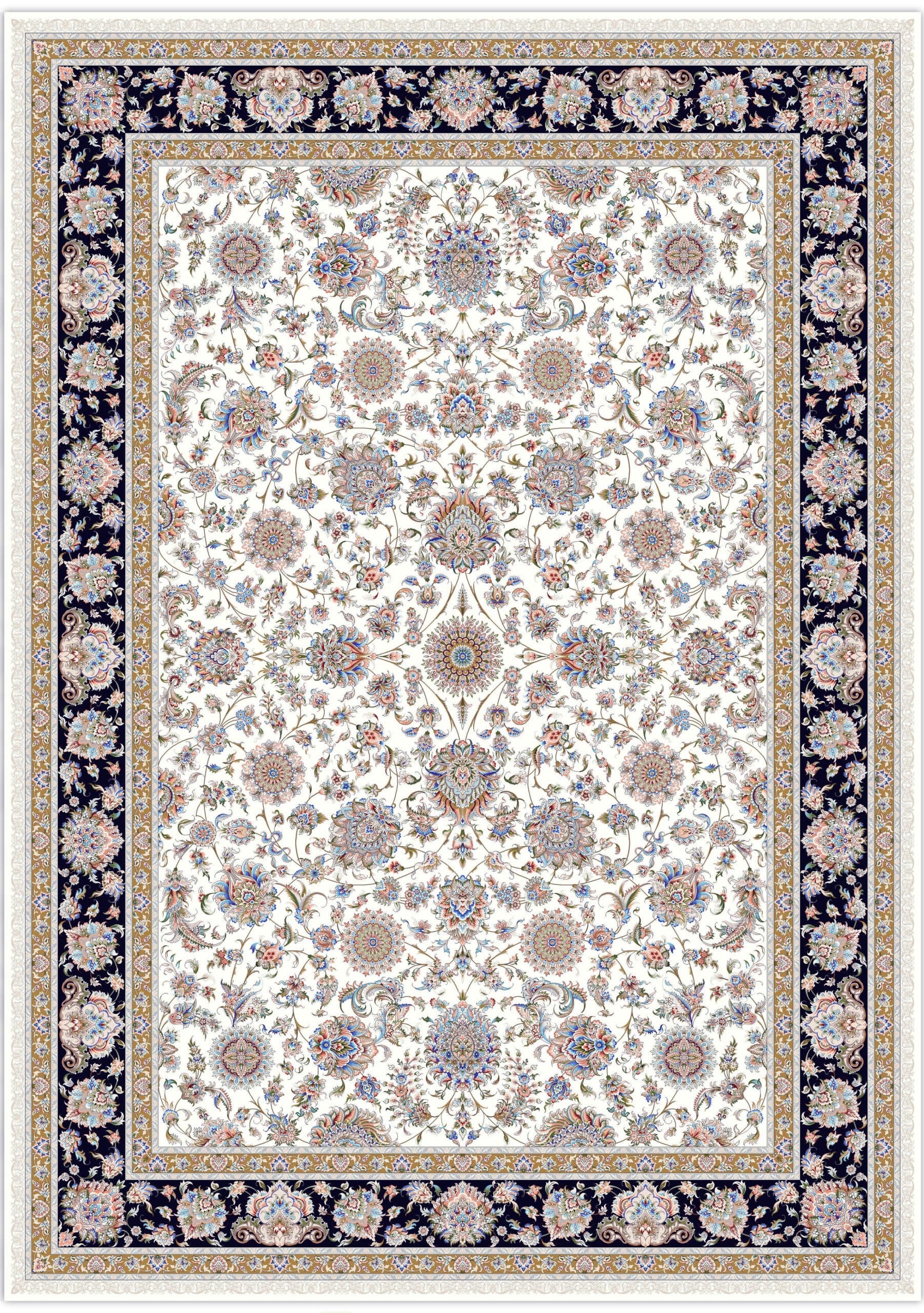 فرش زمرد مشهد طرح 46001 کرم سرمه ای 1500 شانه تراکم 4500 تمام نخ اکریلیک