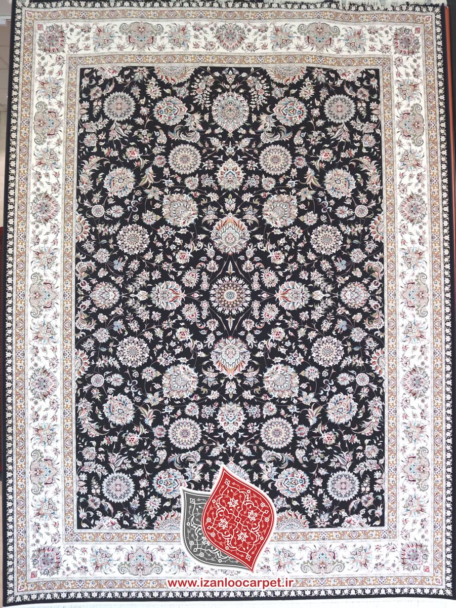 فرش زمرد مشهد طرح 46001 سرمه ای 1500 شانه تراکم 4500 تمام نخ اکریلیک