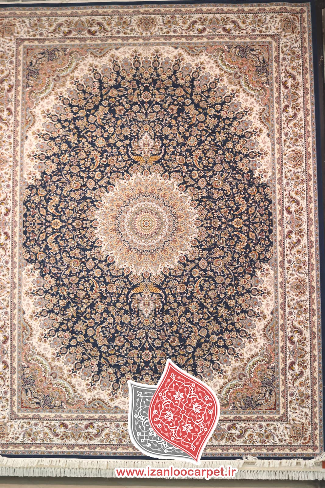 فرش زمرد مشهد طرح 45003 ابی تیره 1500 شانه تراکم 4500 تمام نخ اکریلیک