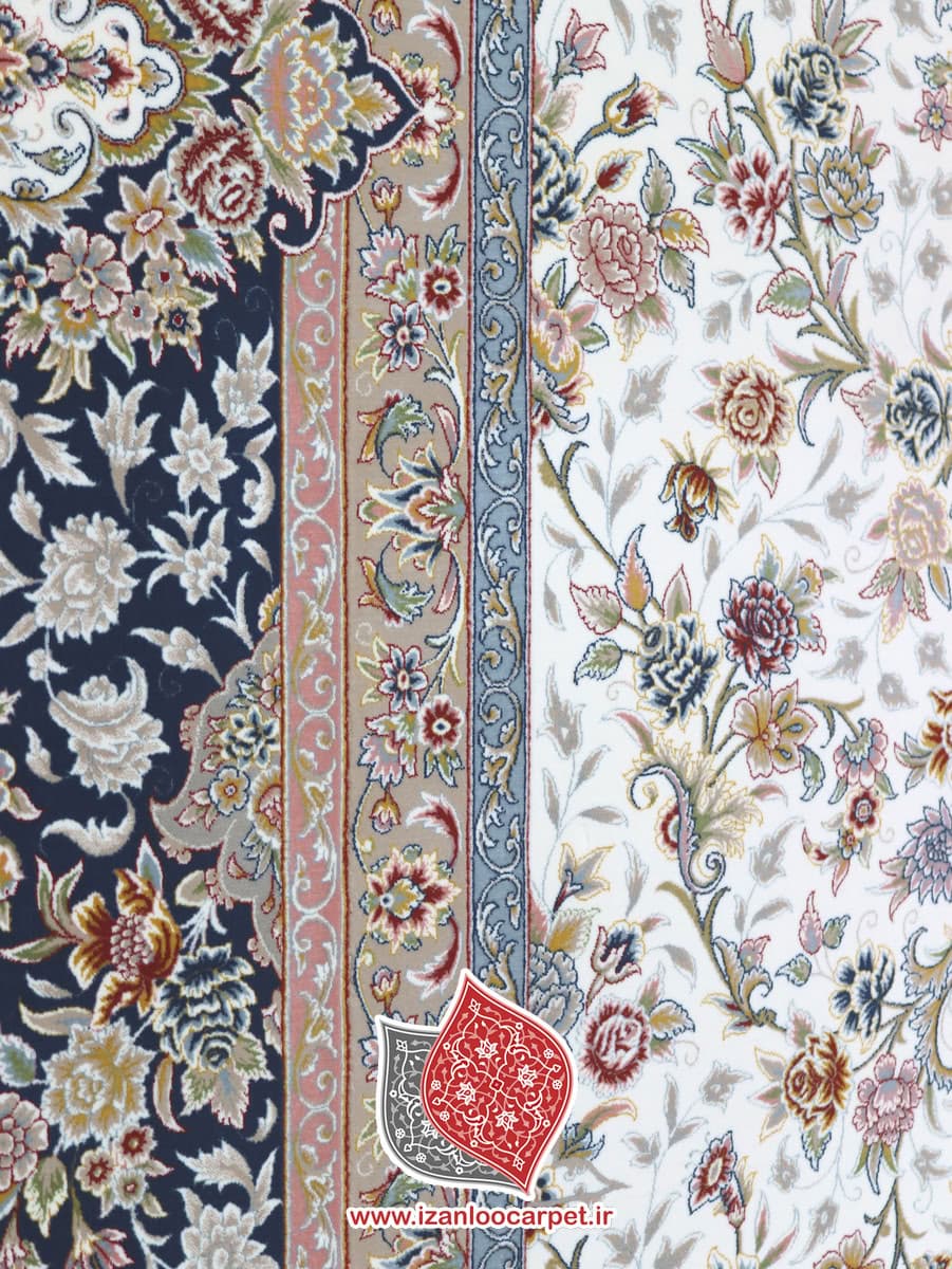 فرش زمرد مشهد طرح 45006 کرم سورمه ای 1500 شانه تراکم 4500 تمام نخ اکریلیک — تصویر ۶