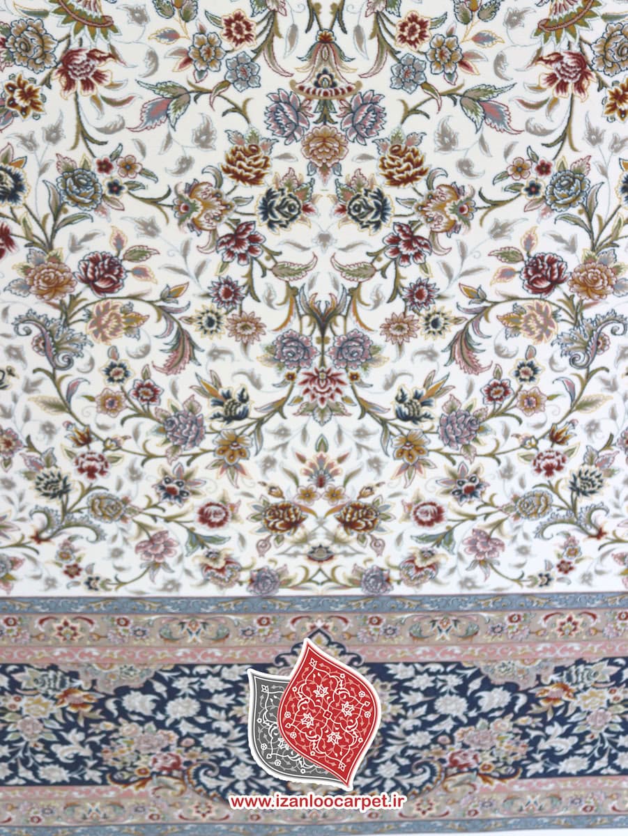 فرش زمرد مشهد طرح 45006 کرم سورمه ای 1500 شانه تراکم 4500 تمام نخ اکریلیک — تصویر ۵