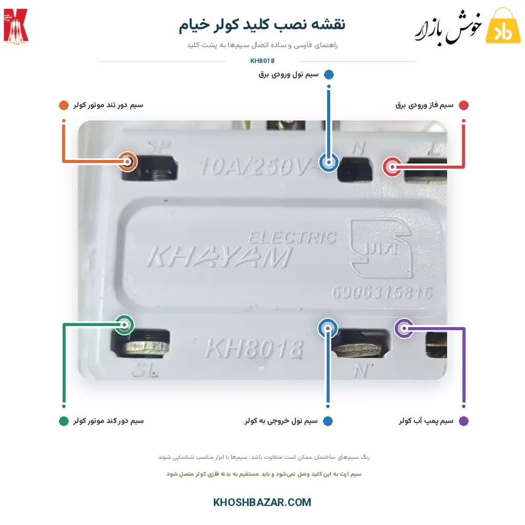 کلید کولر آبی دو قطب چراغ‌دار خیام الکتریک مدل آرام — تصویر ۹
