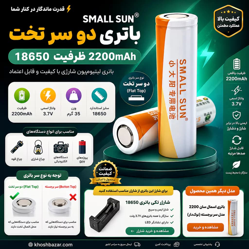 باتری لیتیومی اسمال سان 18650 ظرفیت 2200mAh (3.7V) – دوسر تخت — تصویر ۴