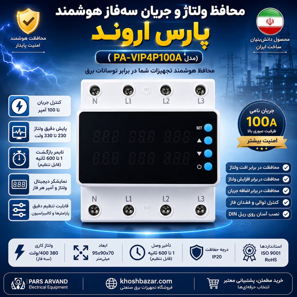 محافظ ولتاژ و جریان سه‌فاز هوشمند پارس اروند 100 آمپر مدل PA-VIP4P100A — تصویر ۳