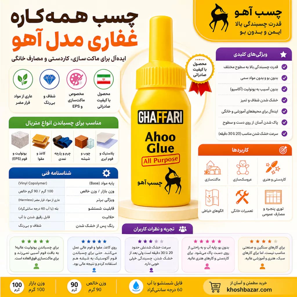 چسب همه‌کاره غفاری مدل آهو (Ahoo Glue) وزن 100 گرم — تصویر ۷