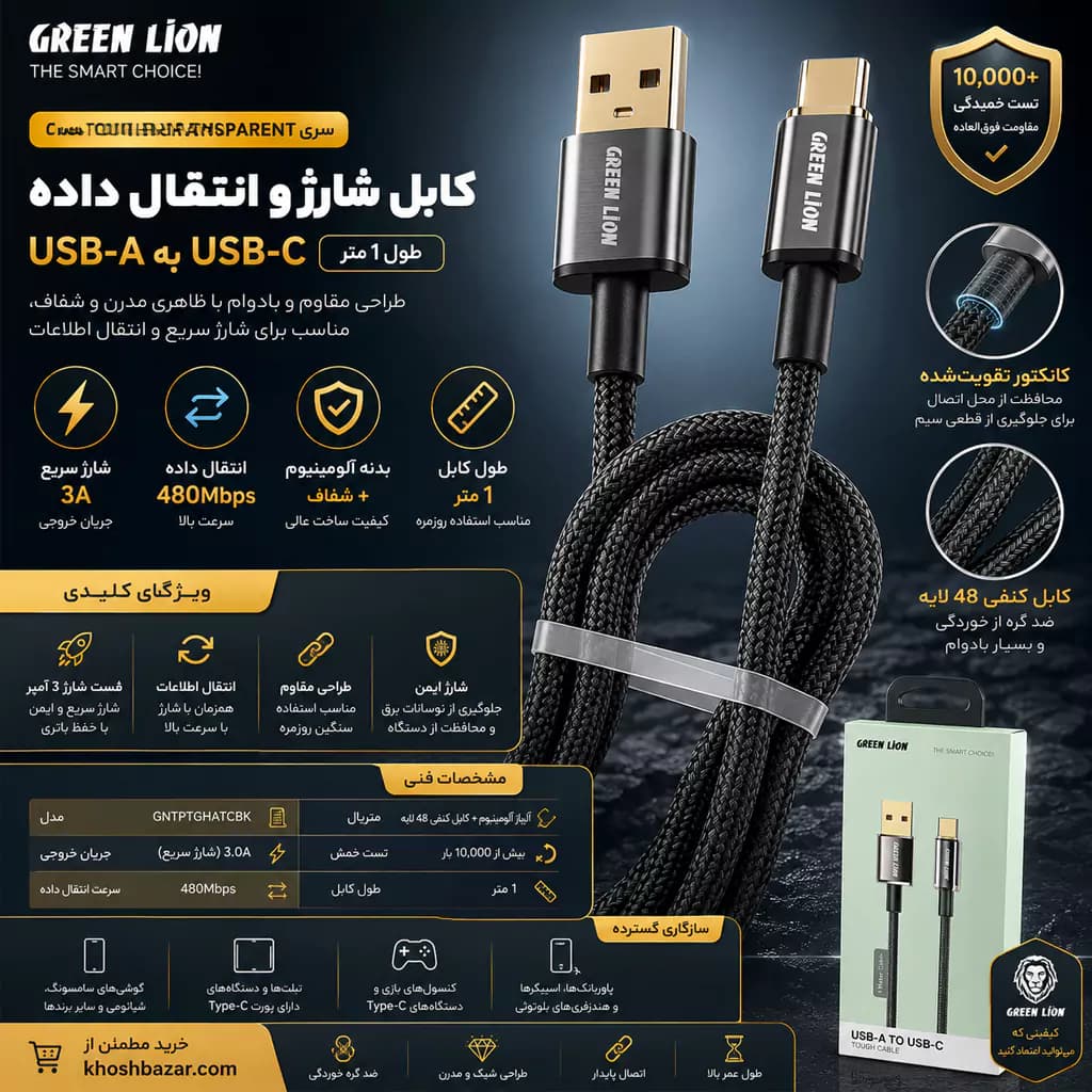 کابل شارژ و انتقال داده گرین لاین مدل Tough Transparent طول 1 متر (USB-A به USB-C) — تصویر ۱۲