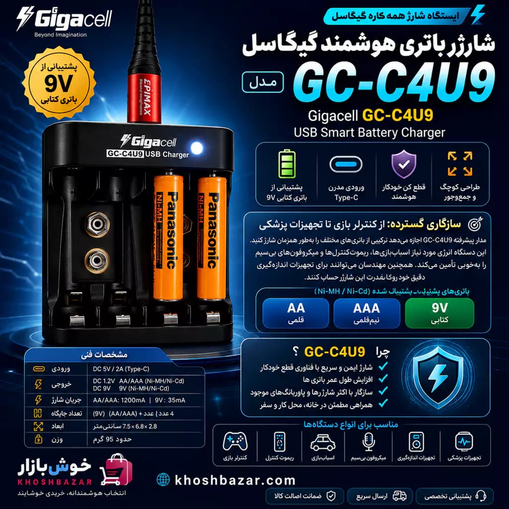 شارژر باتری هوشمند گیگاسل مدل GC-C4U9 — تصویر ۳
