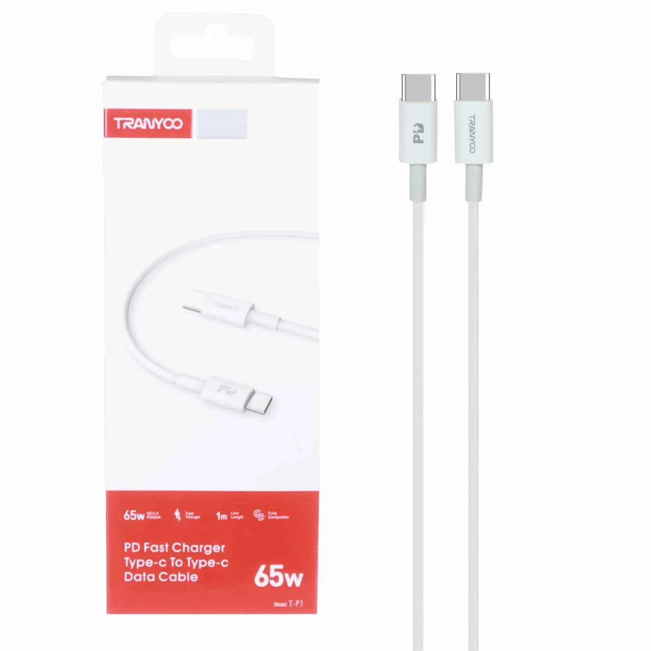 کابل شارژ PD و فست TRANYOO Type-C To Type-C 65W مدل T-P3 – سفید