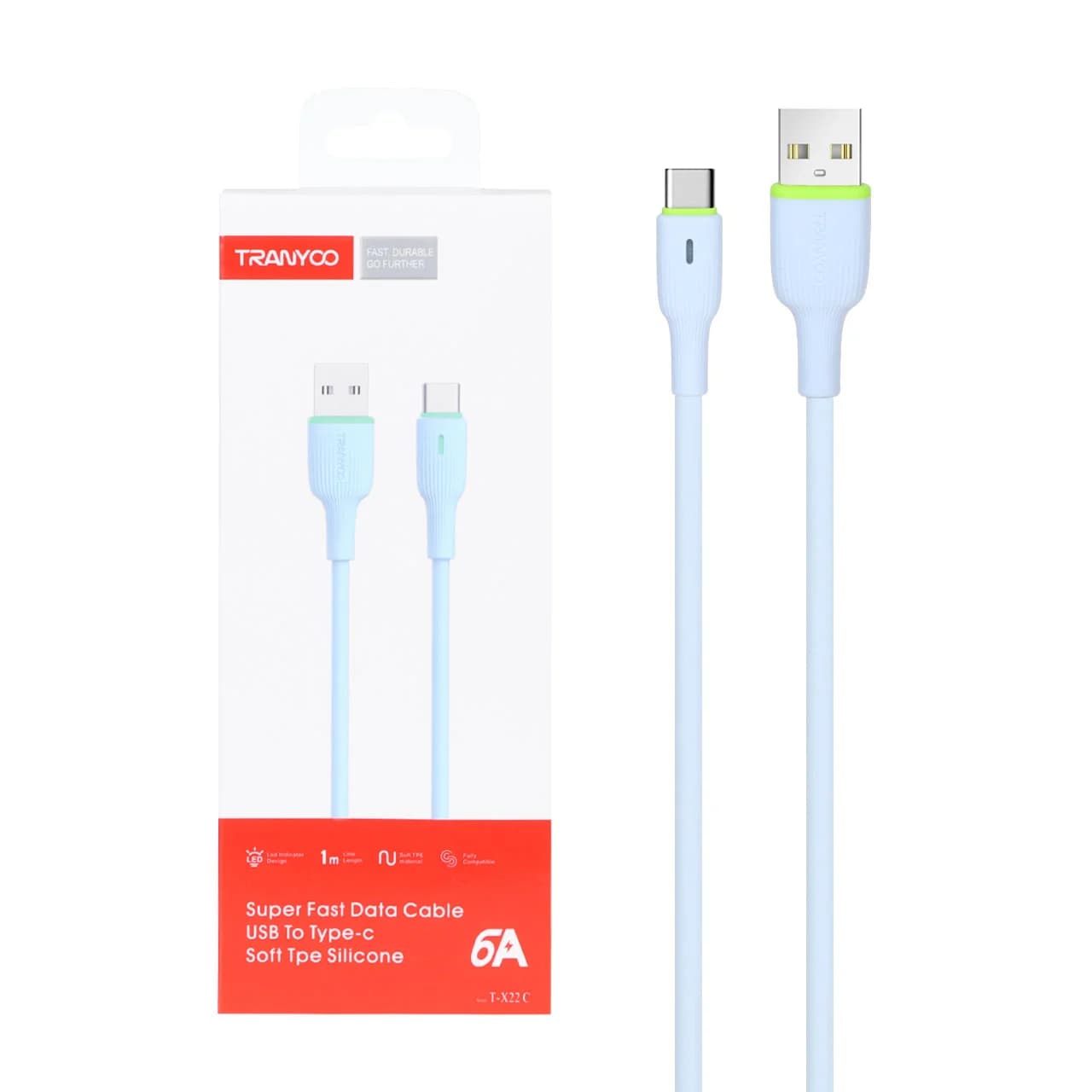 کابل شارژ فست Tranyoo Type-C مدل T-X22C – آبی